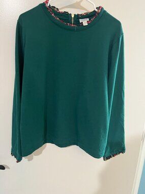 J.Crew XXL Emerald Green Knit Top Plaid Ruffle Trim Gold Zip Holiday Christmas